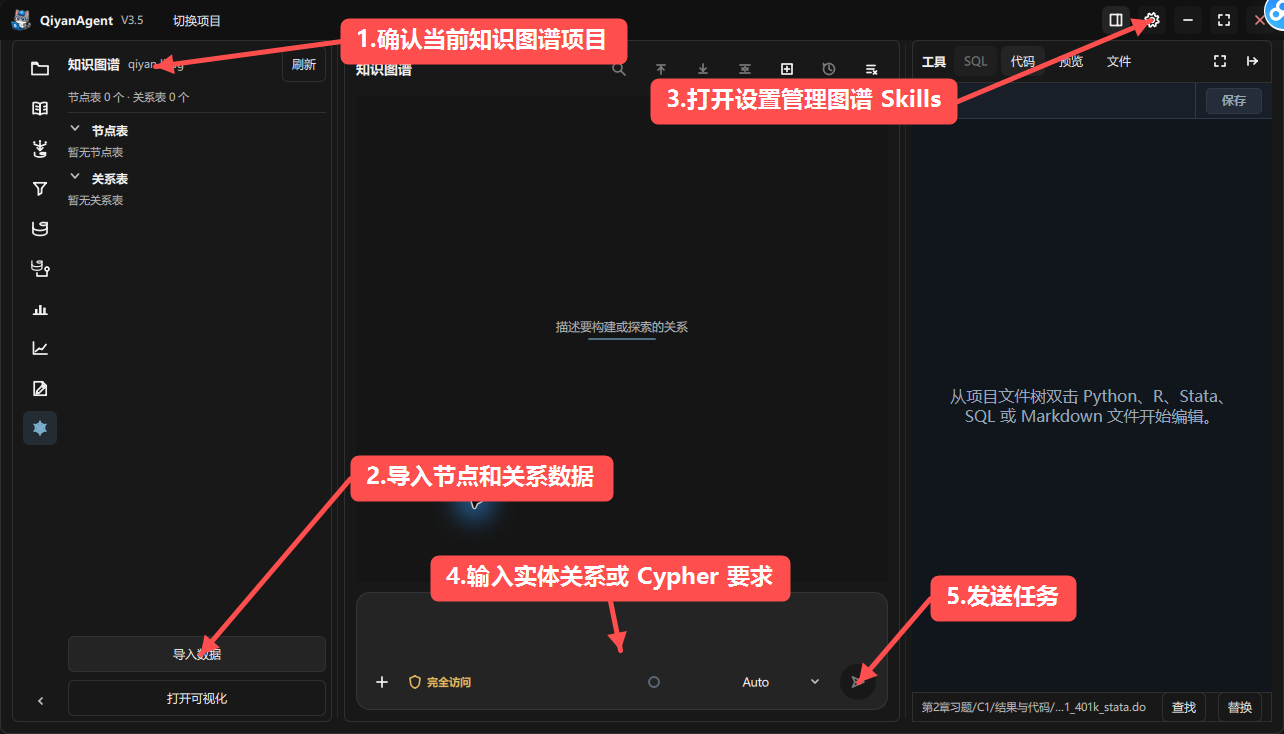QiyanAgent 知识图谱 Agent 使用界面，按 1 到 5 步骤标注节点关系数据、导入数据、KG Tools、任务提示词和发送任务